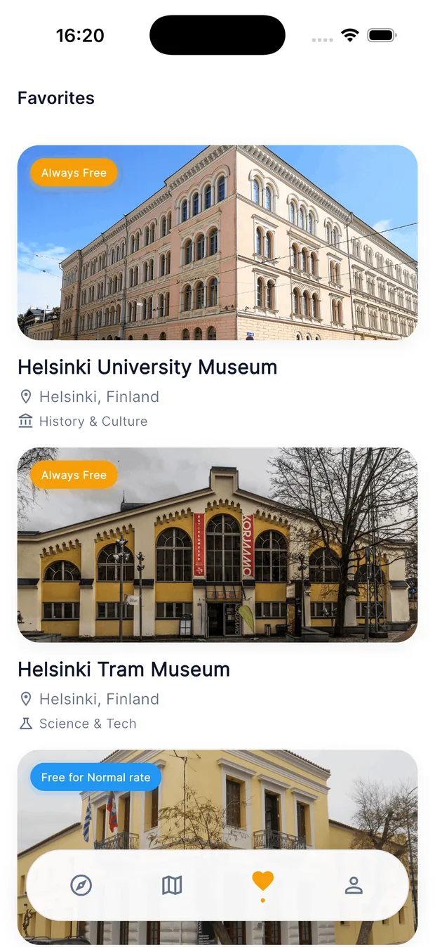 A museum detail screen in the World Museums app showing free admission days and directions